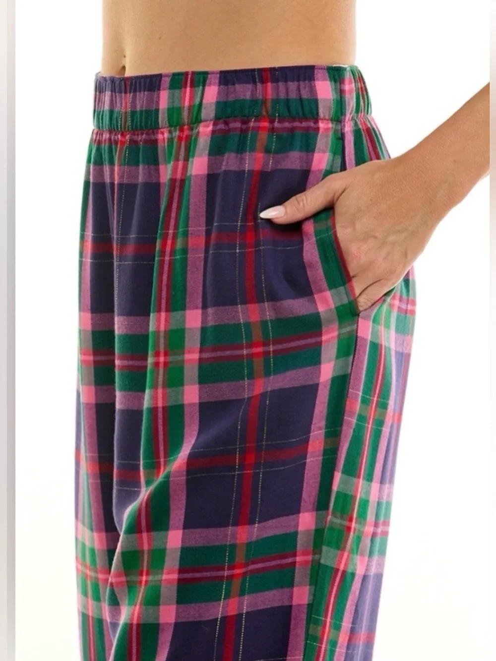 Roudelain women’s Printed Open Leg Contrast Waist band Flannel Pants Gingerbread